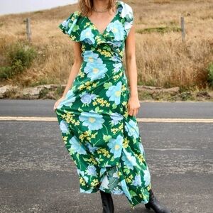 Vintage Green Floral Wrap Maxi Dress